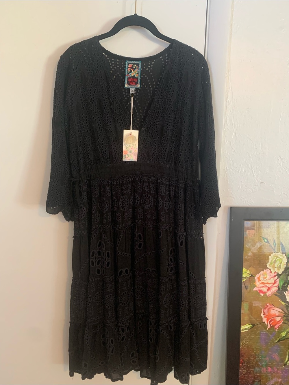 Johnny Was Black Eyelet Tiered Midi Dress NWT